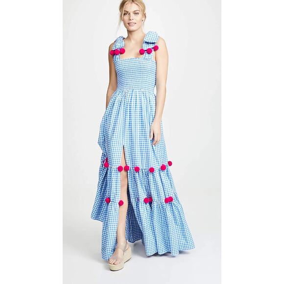 Sundress Pippa Maxi Dress Women's M/L Blue Gingham Check Pink Pom Pom Boho - Picture 1 of 8